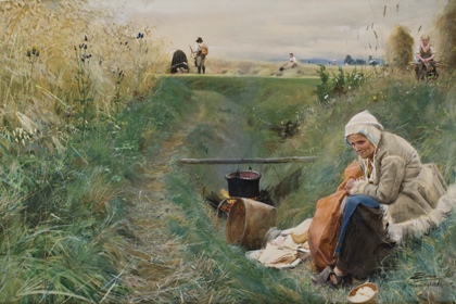 Foto: Erik Cornelius/ Nationalmuseum. Vårt daliga bröd. En akvarell målad av Anders Zorn 1886. På målningen sitter en kvinna och kokar potatis över öppen eld i en bäckfåra. Ovanför henne ses människor bärga skörden