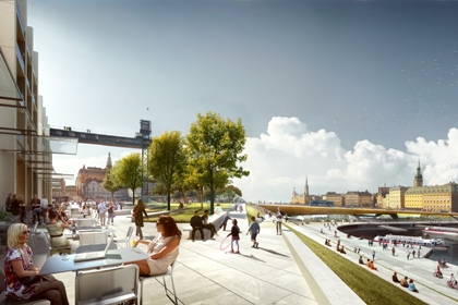 Tecknat förslag till nya Slussen; kafébord, Katarinahissen i bakgrunden och en grässlänt ner mot en gågata längs vattnet.