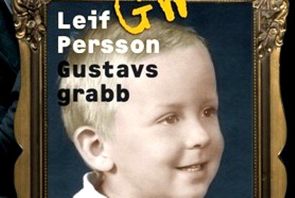 Bild på omslaget till boken Gustavs grabb av Leif GW Persson; en ung version av författaren, runt sju år, i profil, svartvit och inramad.