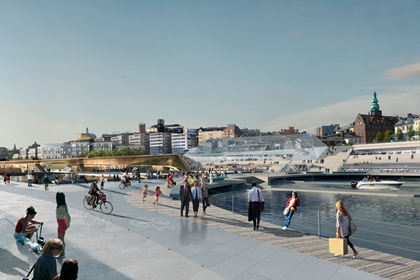 Visionsbild över Nya Slussen. En mångfald av människor umgås bland de stora glasbyggnaderna.