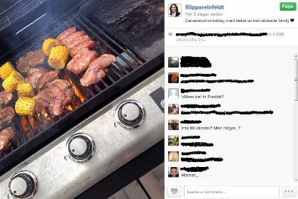 Kött på en grill. Till höger kommentarer från Filippa Reinfeldts följare på Instagram.